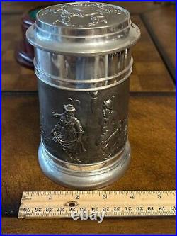 Antique Bavarian Beer Stein German Pewter Jug Decorative Relief Circa 1920