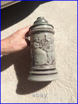 Antique Beer Stein-German with Pewter Etched Lid