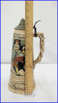 Antique Beer Stein German with Pewter Etched Lid 13 Dancing in the Country TC