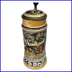 Antique Beer Stein Tavern Scene? J. W. Remy Feast German 1 Liter? # 756, 10.5
