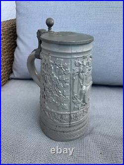 Antique Big German Westerwald Stoneware Beer Stein Mug Brewmaster Tin Lid