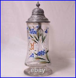 Antique Blown Glass German Beer Stein Enameled Hand Painted withPewter Lid c. 1900