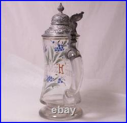 Antique Blown Glass German Beer Stein Enameled Hand Painted withPewter Lid c. 1900