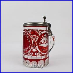 Antique Bohemian Etched Red Flash Glass Beer Stein German Ruby Krug GL