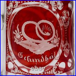 Antique Bohemian Etched Red Flash Glass Beer Stein German Ruby Krug GL