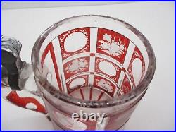 Antique Bohemian German Ruby Overlay Cut to Clear Lidded Glass Beer Stein