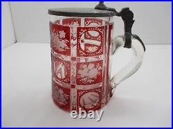Antique Bohemian German Ruby Overlay Cut to Clear Lidded Glass Beer Stein