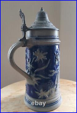 Antique COBALT BLUE SALT GLAZE German 1901 A BEER STEIN Stoneware Joking Happy