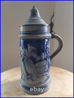 Antique COBALT BLUE SALT GLAZE German 1901 A BEER STEIN Stoneware Joking Happy