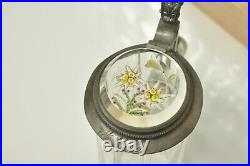 Antique Clear Glass 1L German stein Edelweiss Floral Inlaid Lid Hand Made