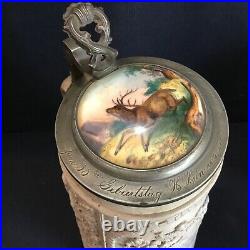 Antique Dated 1885 Stoneware & Handpainted Deer Porcelain Lid German Beer Stein