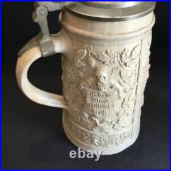 Antique Dated 1885 Stoneware & Handpainted Deer Porcelain Lid German Beer Stein