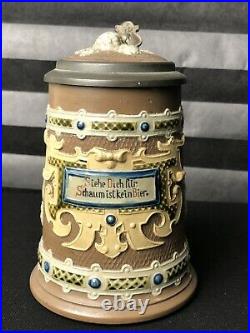 Antique Early 1900 Mettlach Slip Pottery German Stein Lidded. 25L Beer Mug 1745