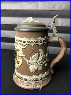 Antique Early 1900 Mettlach Slip Pottery German Stein Lidded. 25L Beer Mug 1745