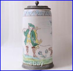 Antique Early German/Austrian Faience Beer Stein Gmunden Hunter withDog c. 1850s