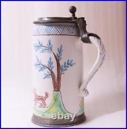 Antique Early German/Austrian Faience Beer Stein Gmunden Hunter withDog c. 1850s