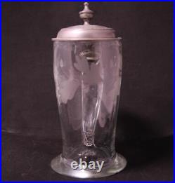Antique Early German Bohemian Glass Wedding Beer Stein Hand-Blown Engraved c1845