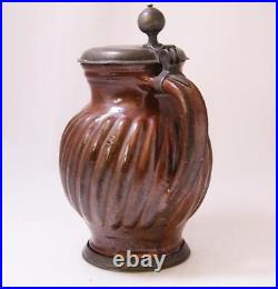 Antique Early German Brown Earthenware Beer Stein Melonenkrug Bunzlau c. 1750