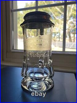 Antique Early German Etched Glass Beer Stein with Pewter Lid Rothenfels Castle