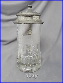 Antique Early German Etched Glass Beer Stein with Pewter Lid Rothenfels Castle