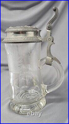 Antique Early German Etched Glass Beer Stein with Pewter Lid Rothenfels Castle