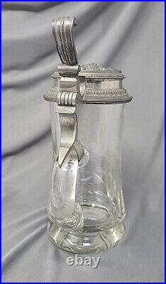 Antique Early German Etched Glass Beer Stein with Pewter Lid Rothenfels Castle