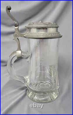 Antique Early German Etched Glass Beer Stein with Pewter Lid Rothenfels Castle