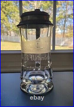 Antique Early German Etched Glass Beer Stein with Pewter Lid Rothenfels Castle