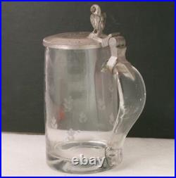 Antique Early German Etched Glass Beer Stein withSwan Thumblift c. 1830s