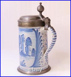 Antique Early German Faience Beer Stein Nuremberg Architecture Motif c. 1780