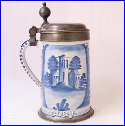 Antique Early German Faience Beer Stein Nuremberg Architecture Motif c. 1780