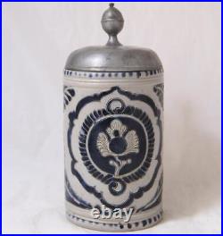 Antique Early German Westerwald Stoneware Beer Stein Walzenkrug c. Late 1700s