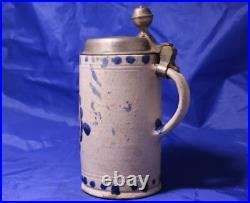 Antique Early German Westerwald Stoneware Beer Stein Walzenkrug withHearts c. 1780s