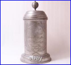 Antique Early Pewter Engraved German Beer Stein Walzenkrug Saxonian dat. 1840