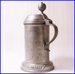 Antique Early Pewter Engraved German Beer Stein Walzenkrug Saxonian dat. 1840