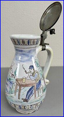 Antique Faience Ceramic Pewter Painted Beer Stein Jug Birnkrug German 19th C