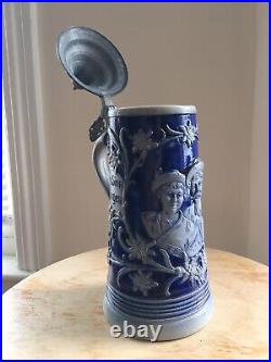 Antique German 1751 BEER STEIN Stoneware COBALT BLUE SALT GLAZE Tankard Mug