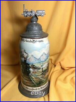 Antique German 2 Liter Pewter Lidded Beer Stein with Locomotive Theme-Hand Painted