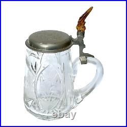 Antique German Bavarian Cut Glass Etched Beer Stein With Deer Stag Etching and S
