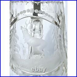 Antique German Bavarian Cut Glass Etched Beer Stein With Deer Stag Etching and S