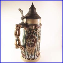 Antique German Beer Stein 11 inches tall, Hunting Scene in excellent condition
