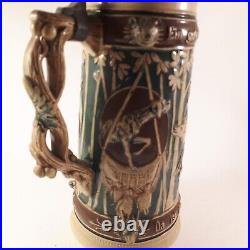 Antique German Beer Stein 11 inches tall, Hunting Scene in excellent condition