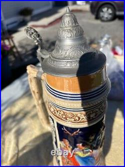 Antique German Beer Stein 17 tall #1303 Pewter Lid Hand Painted Cold War Era