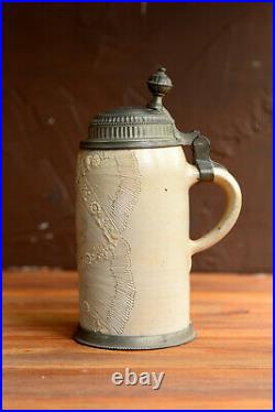 Antique German Beer Stein 1L Stoneware Pewter Lids & Foot Rings late 1700s