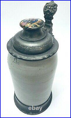 Antique German Beer Stein 1L with Inlaid Pewter Lid and Foot Ring BEAUTIFUL Gift