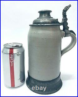 Antique German Beer Stein 1L with Inlaid Pewter Lid and Foot Ring BEAUTIFUL Gift