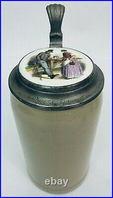 Antique German Beer Stein 1L with inlay lid 8 tall