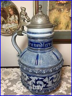 Antique German Beer Stein Blue And Grey, 13 Tall