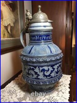 Antique German Beer Stein Blue And Grey, 13 Tall