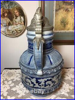 Antique German Beer Stein Blue And Grey, 13 Tall